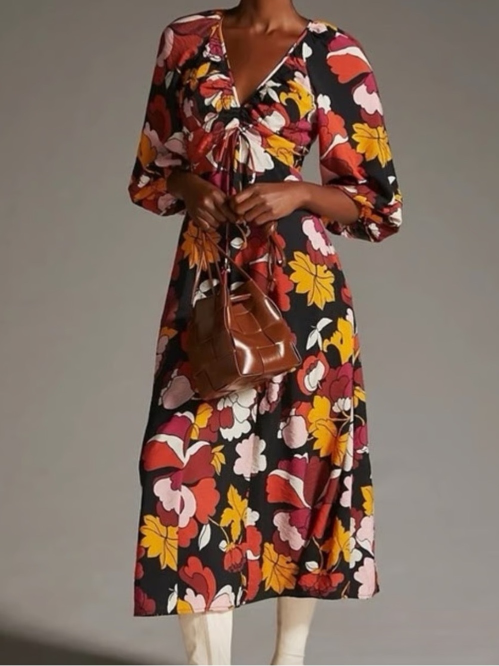 Anthropologie Floral Tie-Front Midi Dress in Black, Red, Yellow and Pink
